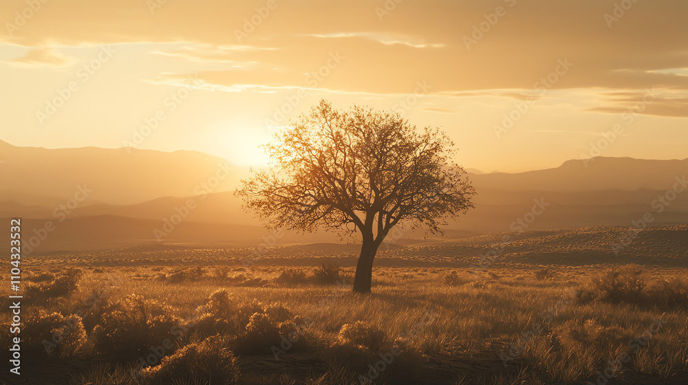 Lone tree stands resilient in the desert under a breathtaking golden sunrise illuminating the landscape Lone tree stands resilient in the desert under a breathtaking golden sunrise illuminating the landscape