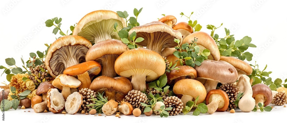 A bundle of fresh mushrooms in earthy tones against a white background, neutral, taupe, earth tones, cream A bundle of fresh mushrooms in earthy tones against a white background, neutral, taupe, earth tones, cream