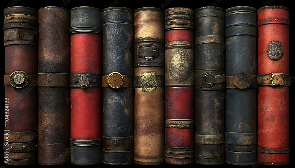 Row of antique, leather-bound books with aged, textured covers and metallic clasps. Row of antique, leather-bound books with aged, textured covers and metallic clasps.