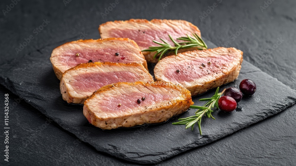 Sliced Juicy Meat with Fresh Herbs and Berries on Dark Stone Surface Sliced Juicy Meat with Fresh Herbs and Berries on Dark Stone Surface