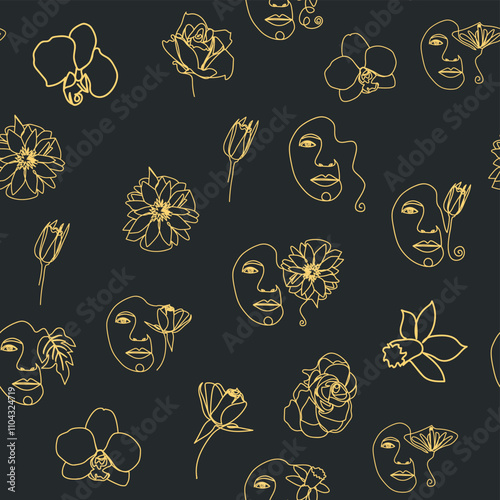 Woman face Continuous line seamless pattern. Abstract Female portrait with flowers. Drawing vector Wallpaper, fabric, wrapping paper, card, poster