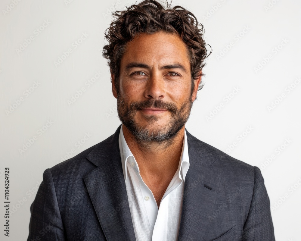 Confident man with curly hair and beard dressed in a formal suit against a neutral background, exuding professionalism. Confident man with curly hair and beard dressed in a formal suit against a neutral background, exuding professionalism.
