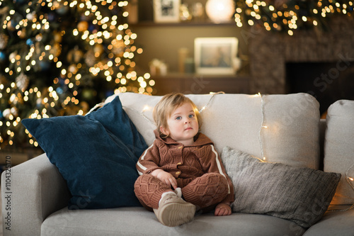 Cute baby boy on background with Christmas tree toys, traditional Christmas costume. New Year holidays. The first new year for a baby.