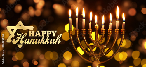 Menorah with burning candle...