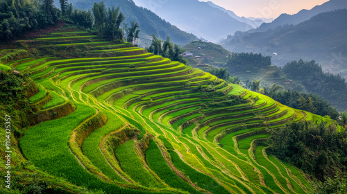 Lush green terraced rice fields in foggy mountain landscape at dawn