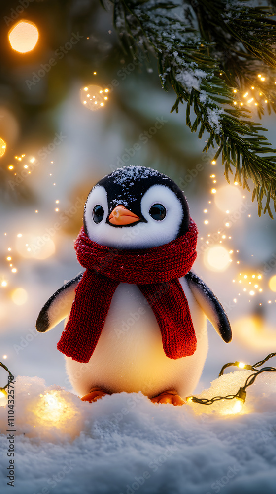 A charming penguin figurine with a red scarf surrounded by festive lights in snow. A charming penguin figurine with a red scarf surrounded by festive lights in snow.