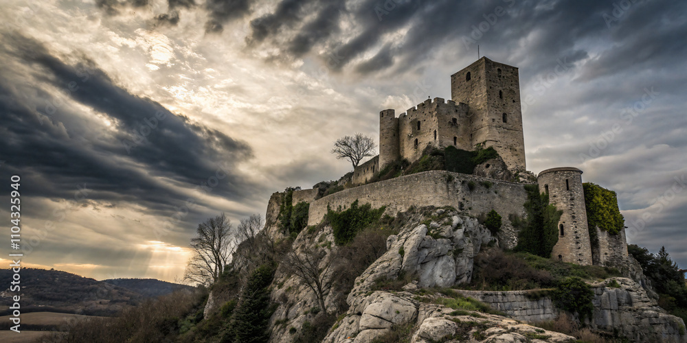 deserted medieval castle perched on a rocky hilltop under dramatic clouds deserted medieval castle perched on a rocky hilltop under dramatic clouds