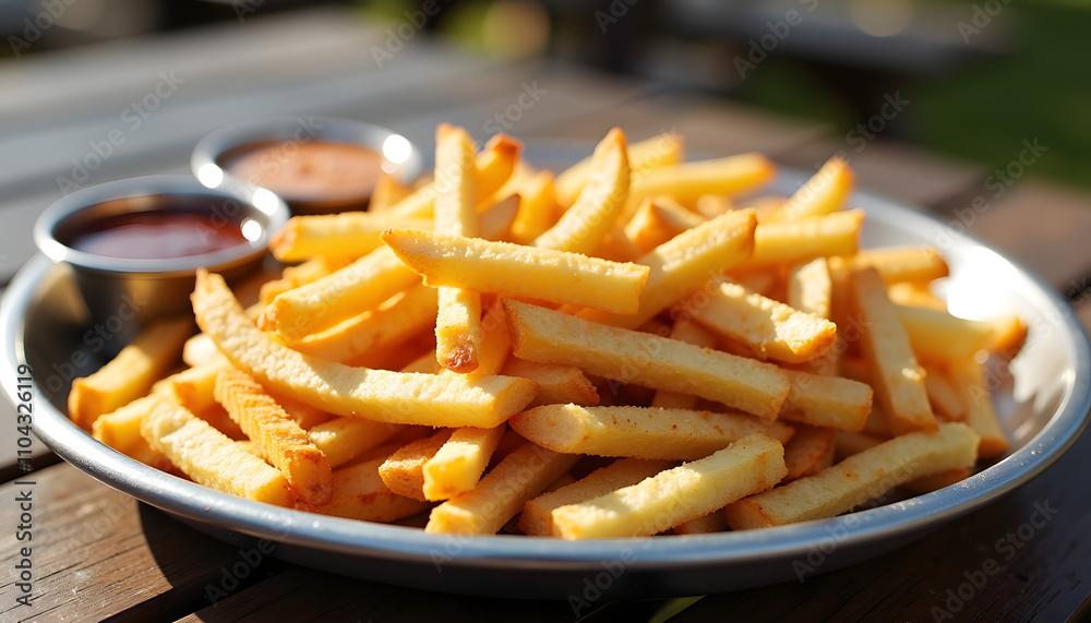 Fresh fries on a metal tray with dipping sauces Fresh fries on a metal tray with dipping sauces