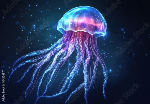 Ethereal Jellyfish Gliding Through a Cosmic Ocean with Vibrant Iridescent Colors and Graceful Tentacles Illuminated by Soft Light in a Dark Environment