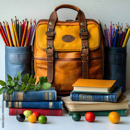 back to school concept with school books, textbooks, backpack and stationery supplies on classroom desk with library with white shades, png photo