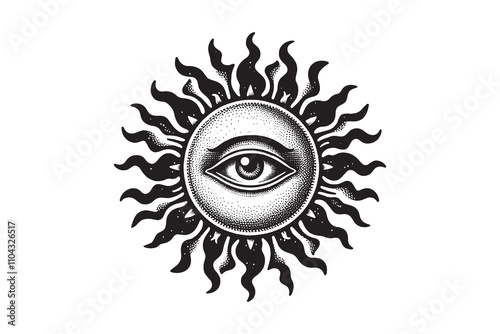 Sun with an eye. All-seeing eye. Isoteric, occult, magical vector illustration. vintage black engraving, emblem, logo. tattoo sketch, print	