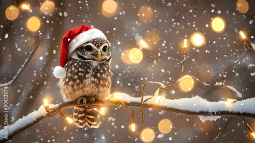A cute owl wearing a Santa hat sits on a snow-covered branch surrounded by twinkling Christmas lights and falling snow.