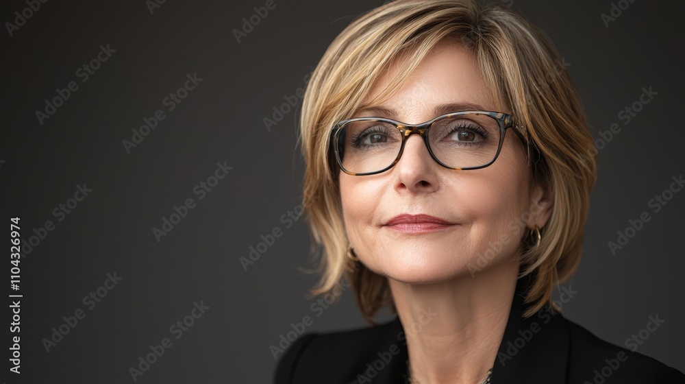 a woman wearing glasses and a black jacket, with a warm smile on her face, against a dark background a woman wearing glasses and a black jacket, with a warm smile on her face, against a dark background