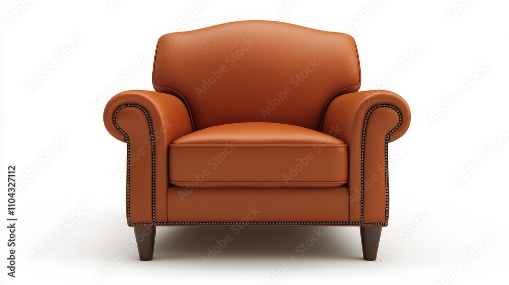 Fototapeta premium an orange leather armchair on a white background The armchair has a classic design with a curved back and armrests, and is upholstered in a warm, inviting orange l