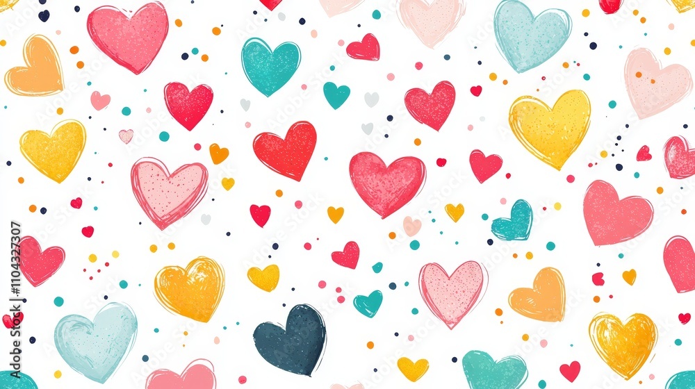 a white background with a seamless pattern of colorful hearts and confetti The hearts are in a variety of colors, including red, pink, yellow, and blue, and are ar a white background with a seamless pattern of colorful hearts and confetti The hearts are in a variety of colors, including red, pink, yellow, and blue, and are ar