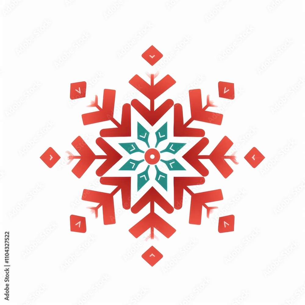 Colorful snowflake design with intricate patterns in red and teal on a light background. Colorful snowflake design with intricate patterns in red and teal on a light background.