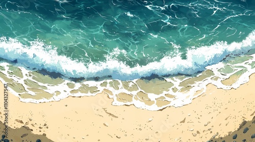  a painting of a beach with waves crashing onto the sand The water is a deep blue and the sand is a light tan color The waves are white and foamy, and the sun is r