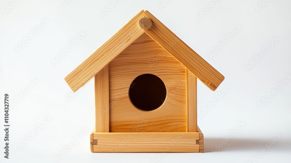a wooden birdhouse on a white background It is a small, rectangular box with a slanted roof and a small window on the front The wood is a light brown color and th a wooden birdhouse on a white background It is a small, rectangular box with a slanted roof and a small window on the front The wood is a light brown color and th