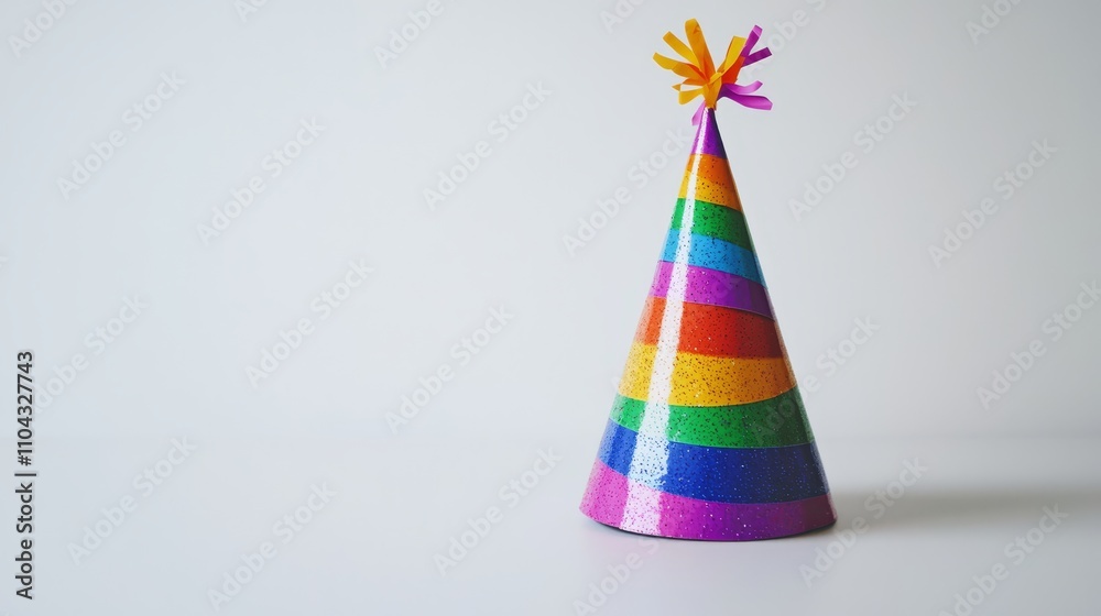 a colorful party hat sitting atop a white table The hat is made of paper and has a variety of colors, including red, blue, yellow, green, and purple a colorful party hat sitting atop a white table The hat is made of paper and has a variety of colors, including red, blue, yellow, green, and purple