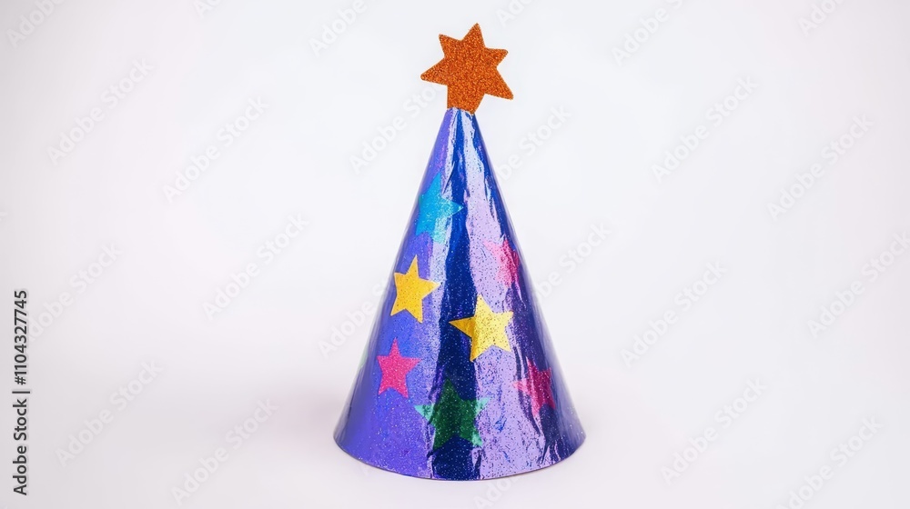  a colorful party hat with stars on it against a white background