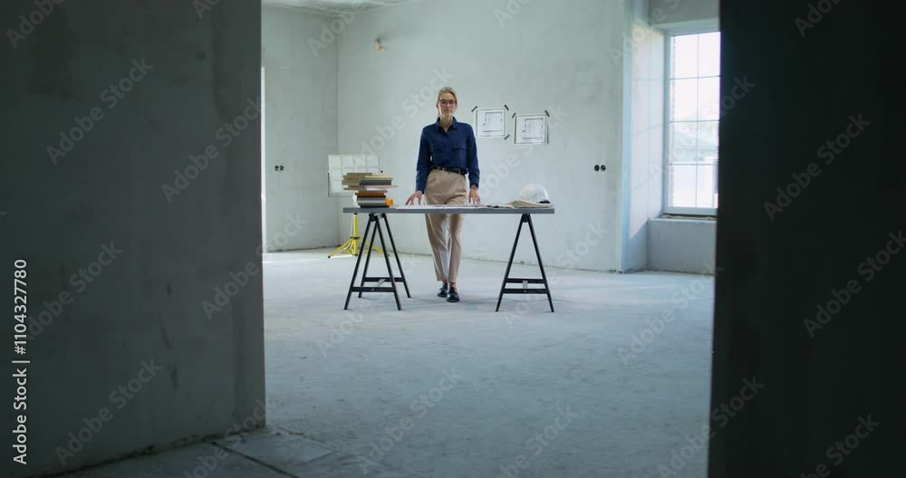 A stylish woman in formal clothes in a room without decoration. Designer's work at a construction site A stylish woman in formal clothes in a room without decoration. Designer's work at a construction site
