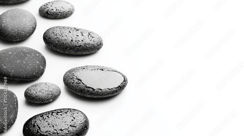 a group of black pebbles on a white background, creating a stark contrast between the two colors The stones are arranged in a neat pattern, with some of them overl a group of black pebbles on a white background, creating a stark contrast between the two colors The stones are arranged in a neat pattern, with some of them overl