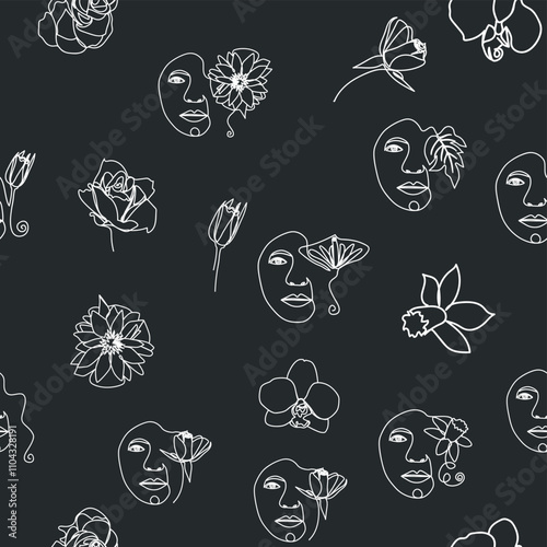 Woman face Continuous line seamless pattern. Abstract Female portrait with flowers. Drawing vector Wallpaper, fabric, wrapping paper, card, poster