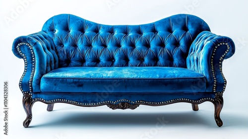  a blue velvet chesterfield sofa on a white background The sofa has a classic design with a tufted back and rolled arms, and is upholstered in a luxurious blue velv photo