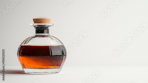  a glass bottle of whiskey with a cork stopper sitting on top of a table The bottle is filled with a golden-brown liquid, likely whiskey, and the cork is securely f