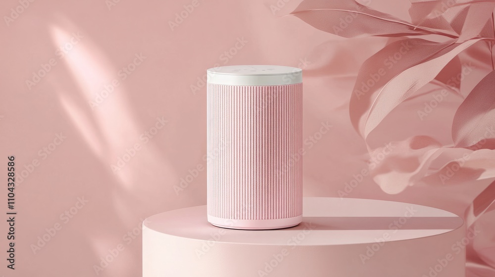 A pale pink pedestal holding a stylish portable speaker A pale pink pedestal holding a stylish portable speaker