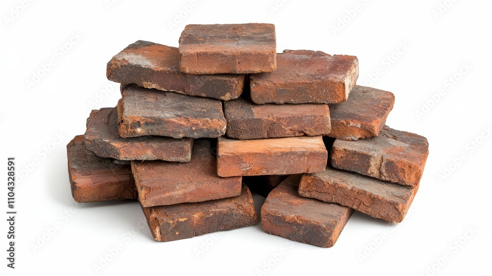 a pile of red bricks on a white background The bricks are arranged in a neat stack, with some overlapping each other The red color of the bricks stands out agains a pile of red bricks on a white background The bricks are arranged in a neat stack, with some overlapping each other The red color of the bricks stands out agains