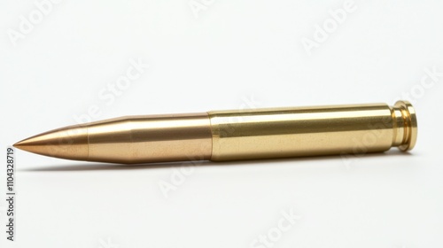  a gold bullet on a white background It is a projectile, with a cylindrical shape and a pointed tip The gold color of the bullet stands out against the white backg