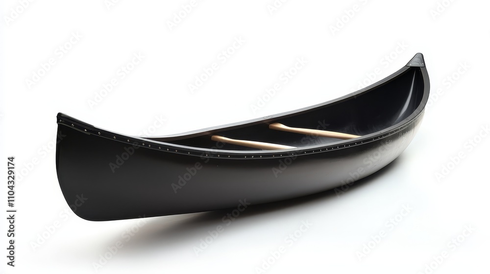 a black canoe on a white background, with two wooden paddles resting on the side of the boat The canoe is made of a glossy black material, and the paddles are a li a black canoe on a white background, with two wooden paddles resting on the side of the boat The canoe is made of a glossy black material, and the paddles are a li