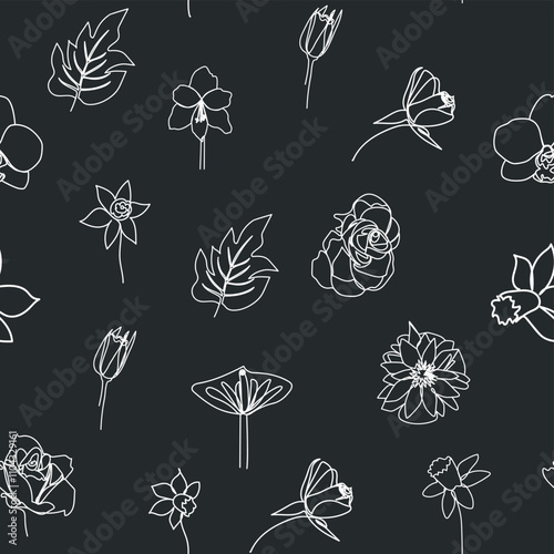 Woman face Continuous line seamless pattern. Abstract Female portrait with flowers. Drawing vector Wallpaper, fabric, wrapping paper, card, poster