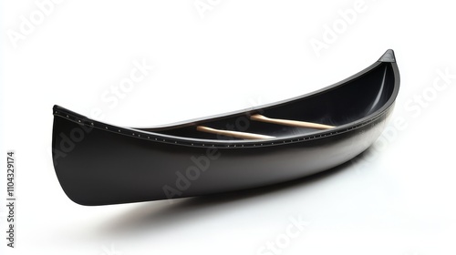  a black canoe on a white background, with two wooden paddles resting on the side of the boat The canoe is made of a glossy black material, and the paddles are a li photo