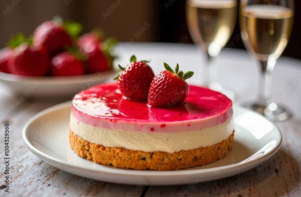 Cake in the shape of a heart, decorated with ripe strawberries. Champagne in glasses. Concept for Valentine's Day, Mother's Day, Birthday Cake in the shape of a heart, decorated with ripe strawberries. Champagne in glasses. Concept for Valentine's Day, Mother's Day, Birthday