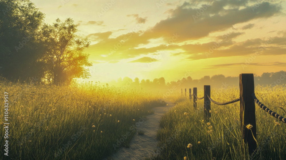 Fototapeta premium Idyllic sunrise over countryside path lined with trees and wildflowers