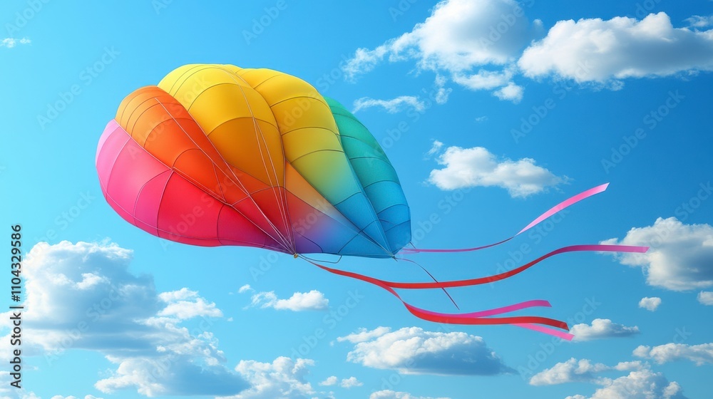 Obraz premium A Vibrant Rainbow Kite Soaring High Above the Clouds in a Stunning Blue Sky