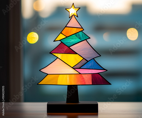 Colorful stained glass Christmas tree with star in soft focus background