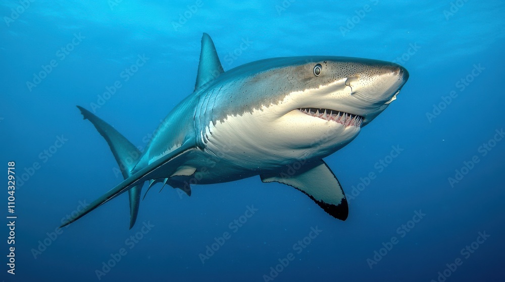Fototapeta premium Majestic Great White Shark Swimming Gracefully in Clear Blue Ocean Waters, Showcasing Sharp Teeth and Powerful Body, Symbol of Marine Life and Ocean Ecosystem