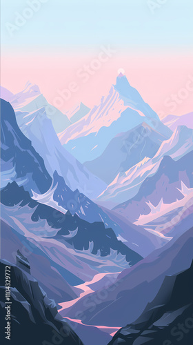 A serene mountain landscape showcasing majestic peaks bathed in soft pastel hues during twilight, evoking tranquility and wonder.