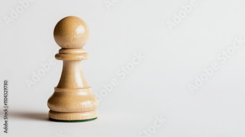  a wooden pawn on a white background The pawn is made of wood and has a smooth, polished finish It has a round head with a pointed tip and a narrow base The top o