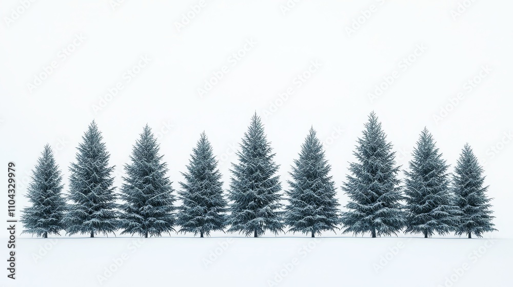 Obraz premium a row of evergreen trees standing in the middle of a snowy field, with a white background The trees are covered in a blanket of snow, giving the scene a peaceful a