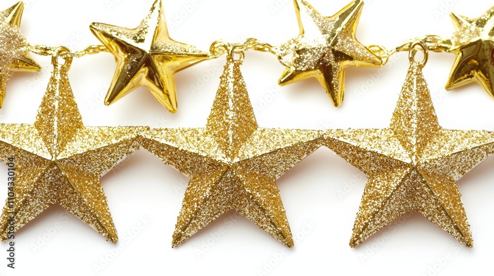 a gold star garland on a white background The stars are arranged in a chain-like pattern, with each star having a unique shape and size The gold color of the star a gold star garland on a white background The stars are arranged in a chain-like pattern, with each star having a unique shape and size The gold color of the star