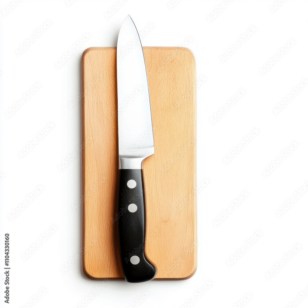 A sharp kitchen knife resting on a wooden cutting board. isolated on white background. A sharp kitchen knife resting on a wooden cutting board. isolated on white background.