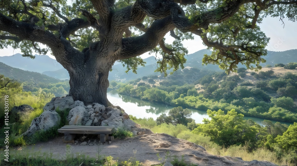 A large tree sits in front of a river, with a bench nearby A large tree sits in front of a river, with a bench nearby