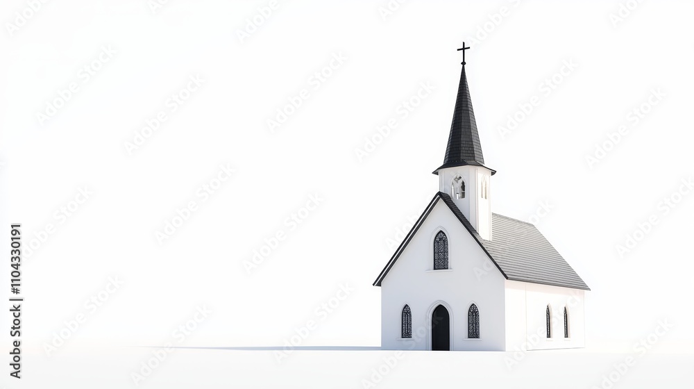 a small white church with a steeple and a cross on top, set against a white background The church has a door and windows, giving it a classic and timeless look a small white church with a steeple and a cross on top, set against a white background The church has a door and windows, giving it a classic and timeless look