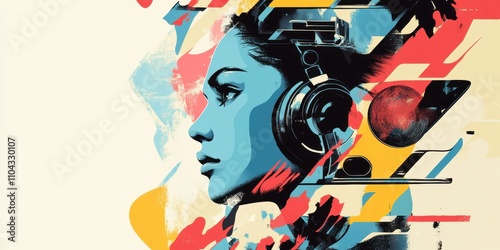 A vibrant illustration of a woman enjoying music through colorful digital art.