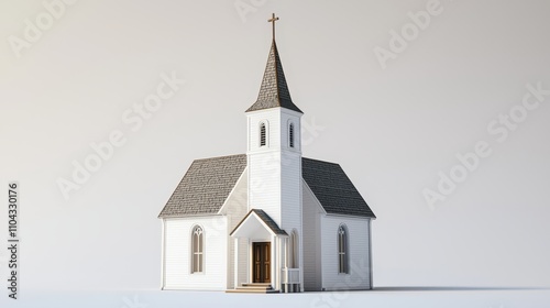  a small white church with a steeple and a cross on the top, set against a white background It has a door, windows, and steps leading up to the entrance, giving it