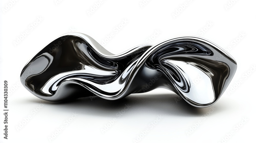 Fototapeta premium a black and white abstract sculpture on a white background The sculpture appears to be made of metal, with a glossy finish that reflects the light It has a unique